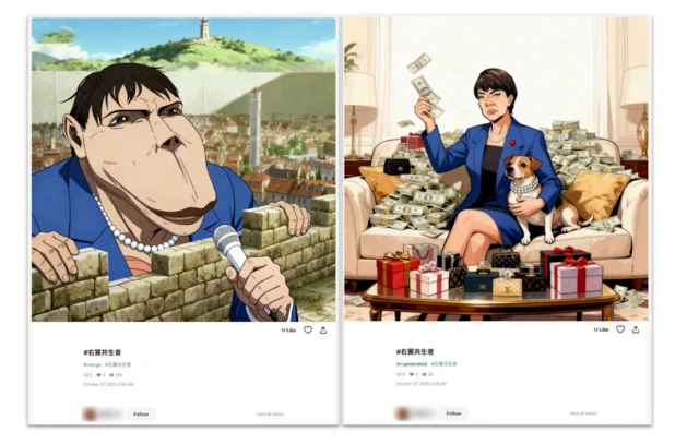 OpenAI透过开源技术比对，发现自去年11月起，网路多个帐号发布“右翼共生者”的迷因，指控高市早苗与极右翼有关联。（SCREENSHOT） 