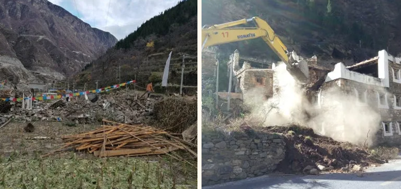 金川县政府为双江口水电站建设，拆除藏民房屋，经幡在被拆除后的废墟上飘荡。官方媒体拍下了这些照片，展现出领导们的雷厉风行：“为下一步电站各工程项目如期进场施工创造良好条件” 