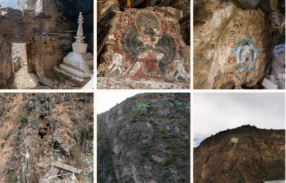 甲扎尔甲山洞窟原址外景和前室（莎萝蔓蛇拍摄于2021年12月），图5中绿色圈线处为洞窟位置，图6为2023年网友实拍，洞口已经被水泥封锁。双江口水库蓄水后，这里被淹没 