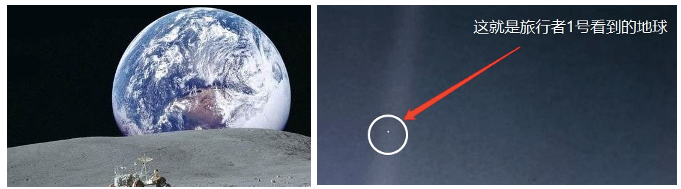 在38万公里的月球上（左）和在远离地球64亿公里外「旅行者1号」（右）拍摄到的地球 