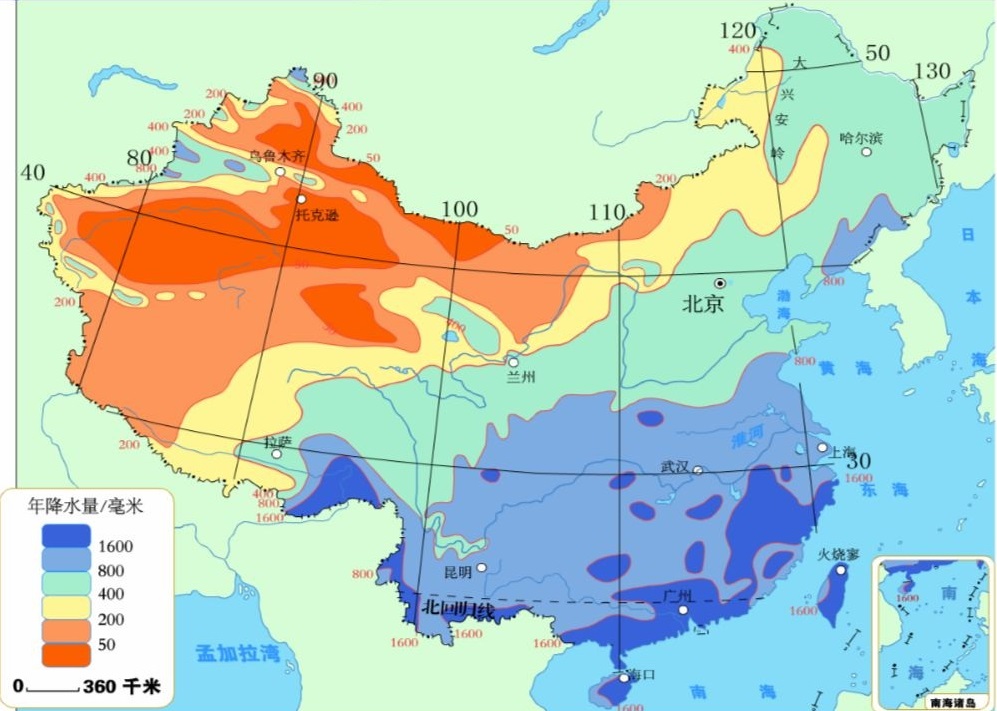 图1：中国的降雨分布图 